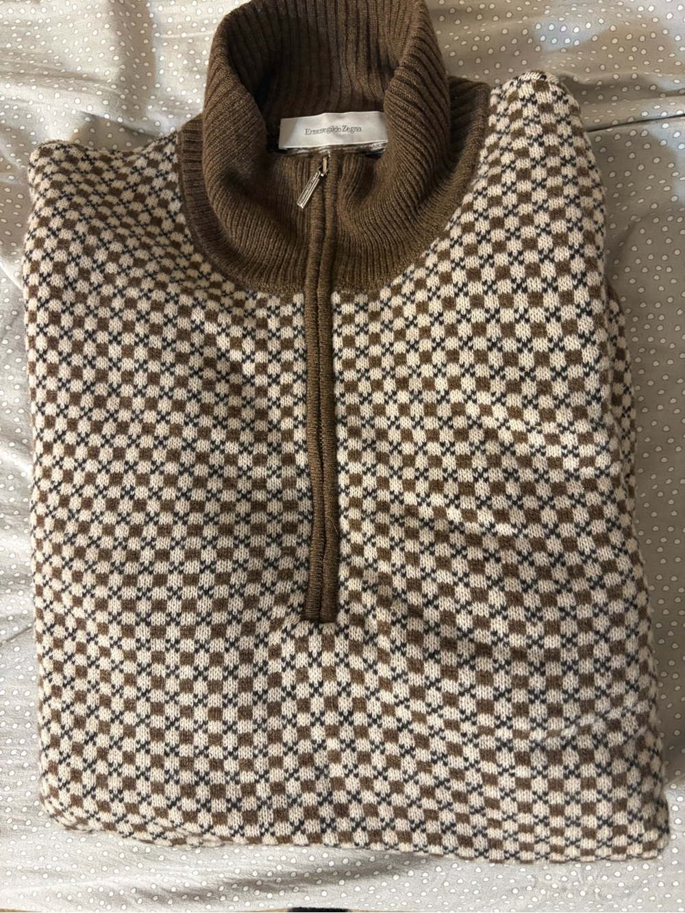 Ermenegildo Zegna Brown & Cream Checker Knit Zip Pullover